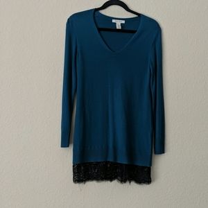 Turquoise Tunic Sweater with Lace Hem